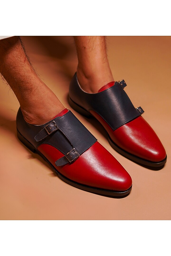 Blue & Red Leather Handcrafted Double Strap Monks by Dmodot at Pernia's Pop Up Shop