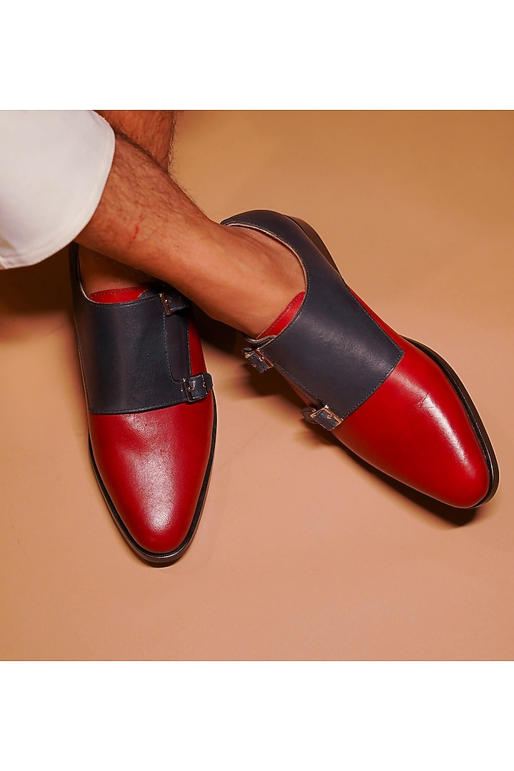 Blue & Red Leather Handcrafted Double Strap Monks by Dmodot at Pernia's Pop Up Shop