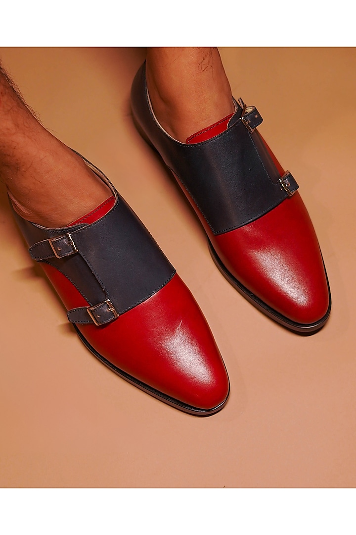 Blue & Red Leather Handcrafted Double Strap Monks by Dmodot