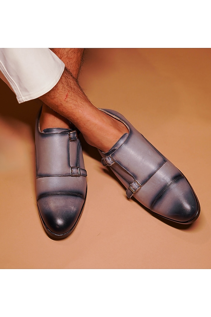 Grey Dual-Tone Leather Handcrafted Double Strap Monks by Dmodot at Pernia's Pop Up Shop