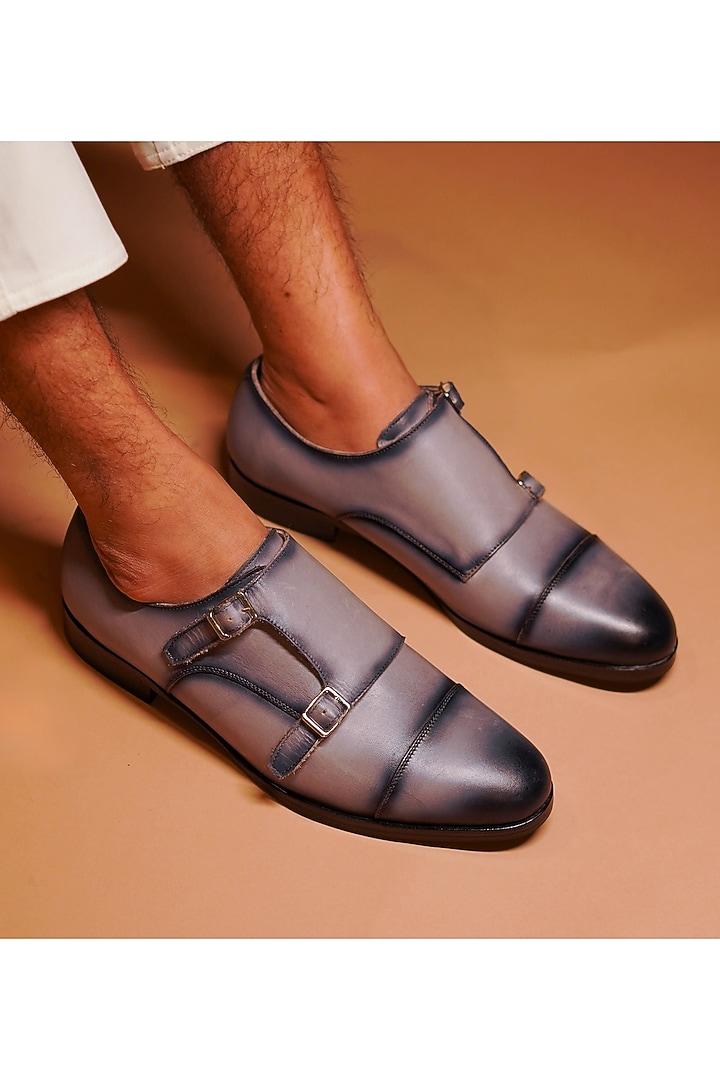 Grey Dual-Tone Leather Handcrafted Double Strap Monks by Dmodot at Pernia's Pop Up Shop