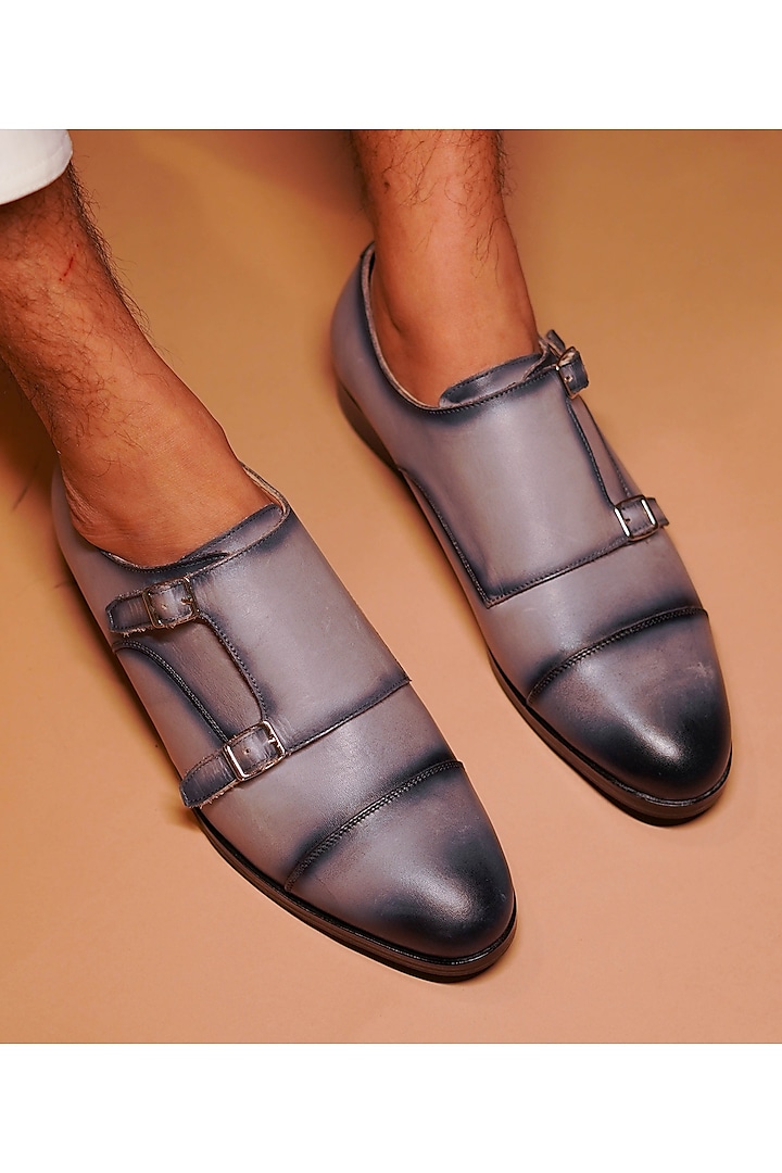Grey Dual-Tone Leather Handcrafted Double Strap Monks by Dmodot