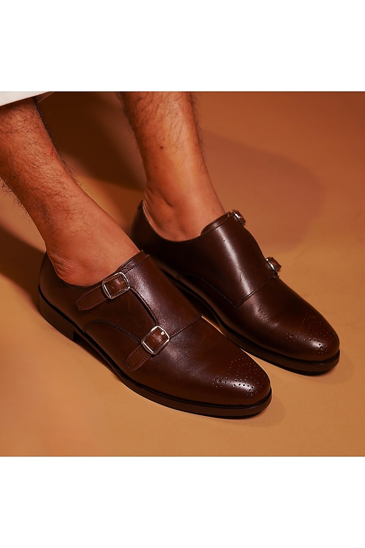 Dark Brown Leather Handcrafted Double Strap Monks by Dmodot at Pernia's Pop Up Shop