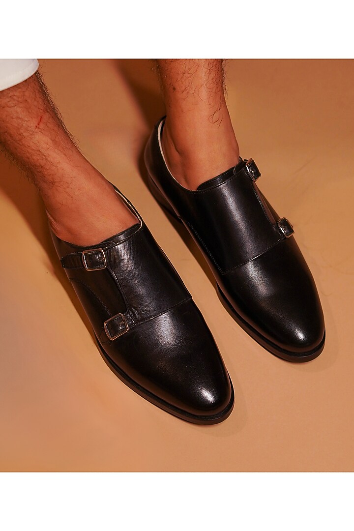 Black Leather Handcrafted Double Strap Monks by Dmodot at Pernia's Pop Up Shop