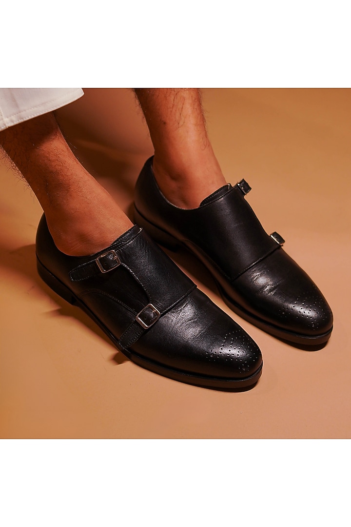 Black Leather Handcrafted Double Strap Monks by Dmodot at Pernia's Pop Up Shop