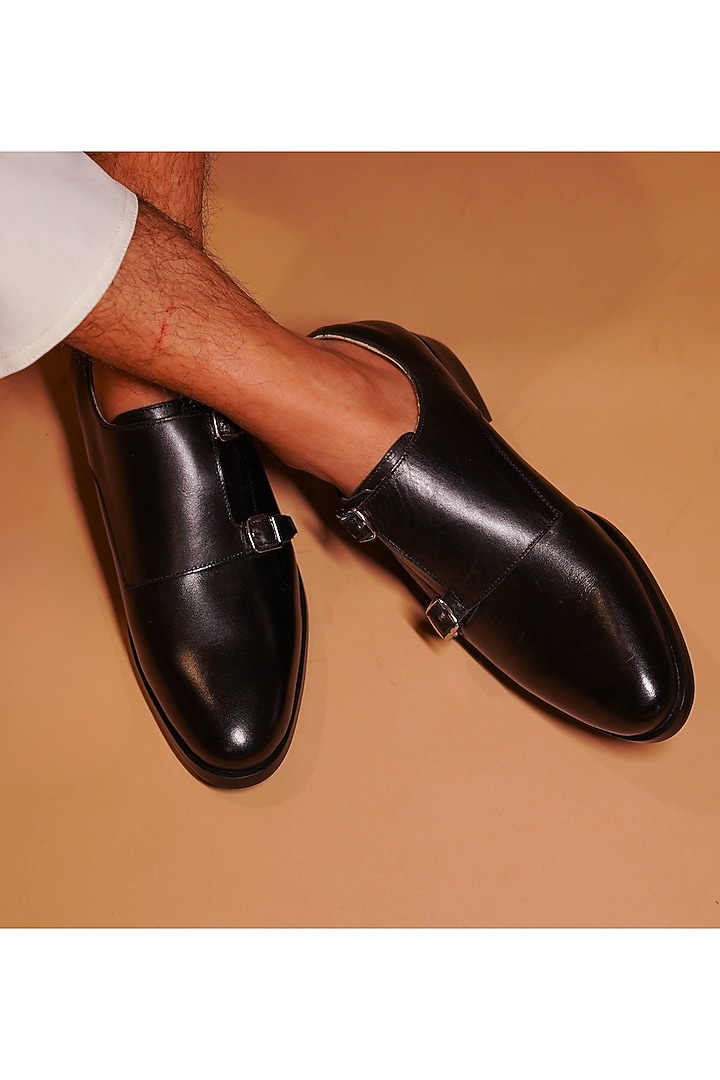 Black Leather Handcrafted Double Strap Monks by Dmodot at Pernia's Pop Up Shop