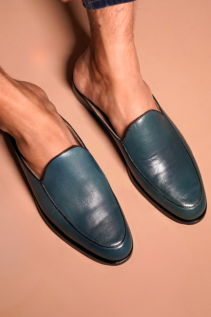 Blue Leather Hand Painted Mules by Dmodot