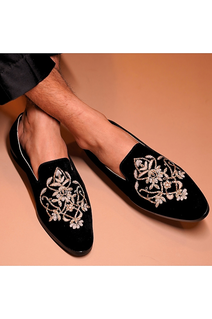 Black Leather Embroidered Handcrafted Loafers by Dmodot at Pernia's Pop Up Shop
