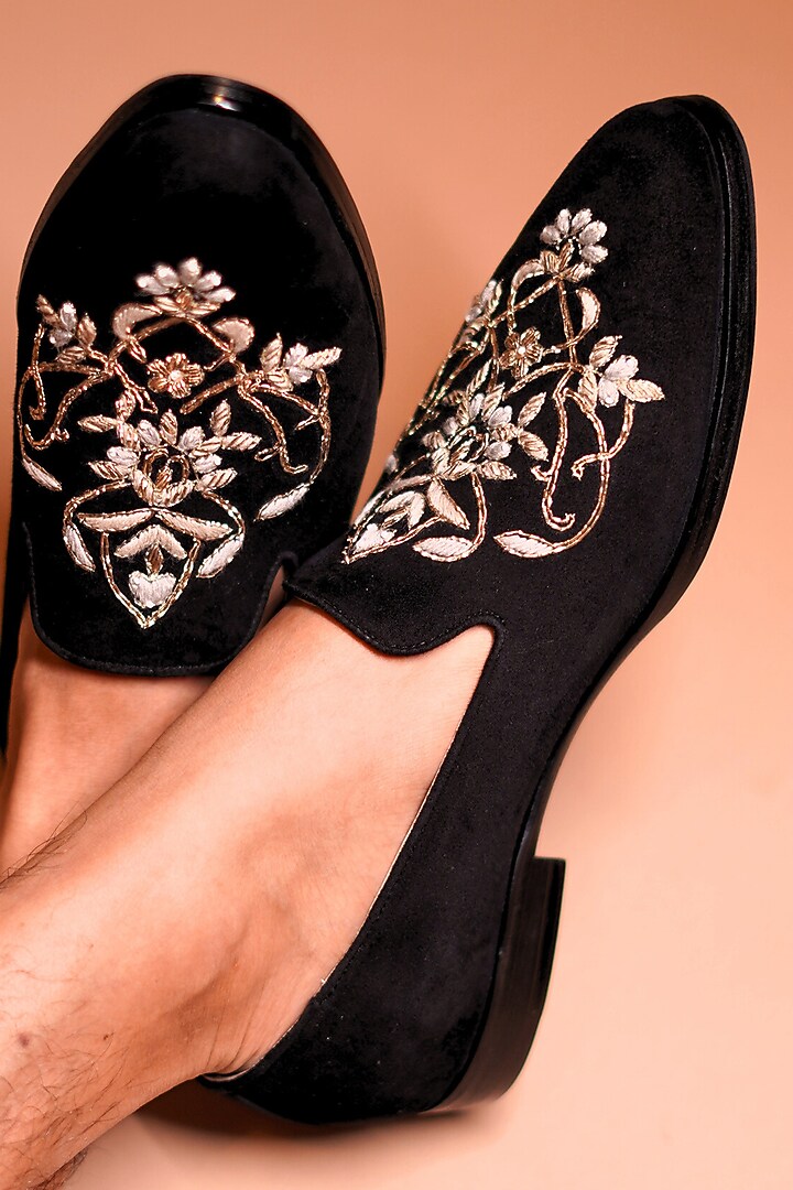 Black Leather Embroidered Handcrafted Loafers by Dmodot at Pernia's Pop Up Shop