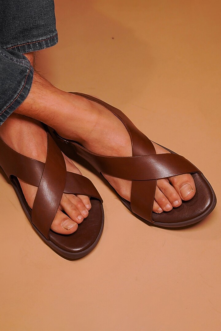 Brown Grain Leather Sandals by Dmodot at Pernia's Pop Up Shop