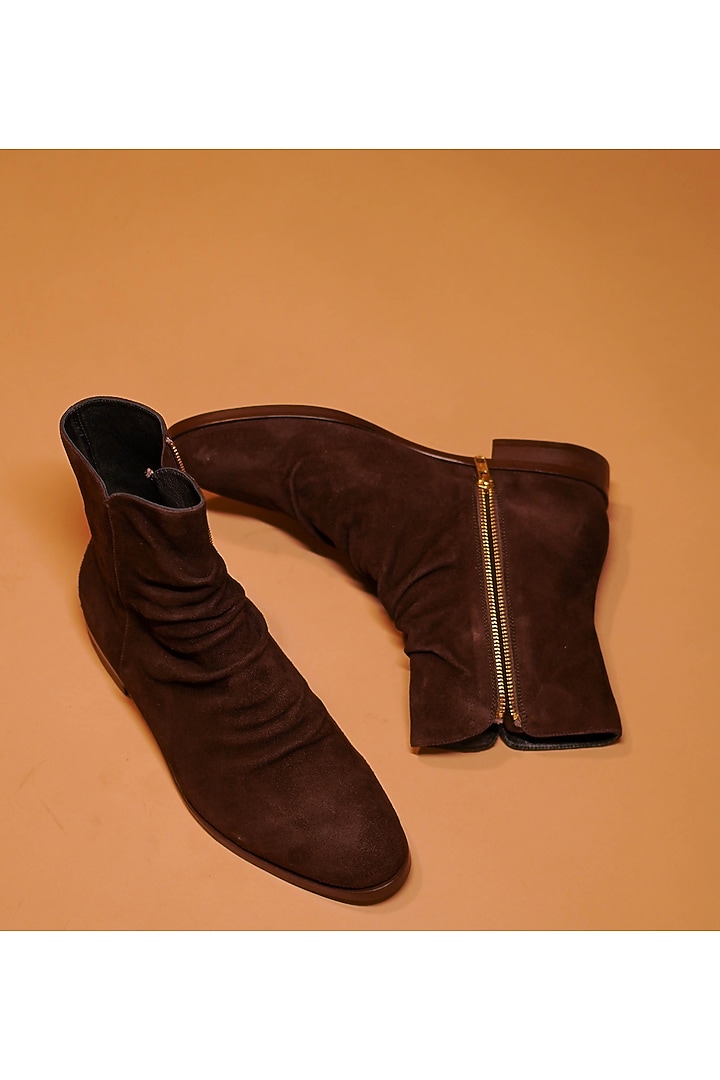 Dark Brown Suede Wrinkled & Leather Boots by Dmodot at Pernia's Pop Up Shop