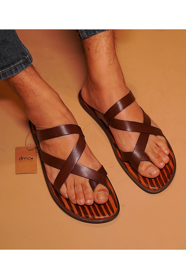 Brown Leather Strappy Slippers by Dmodot