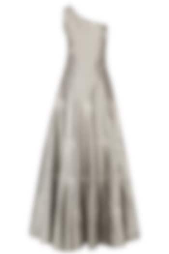 Olive Grey Rosette Motifs Embroidered One Shoulder Gown by Dimple Raghani