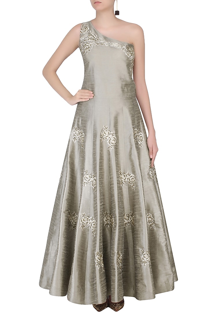 Olive grey rosette motifs embroidered one shoulder gown available only at Pernia's Pop Up Shop.