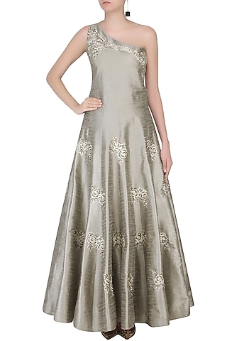 Olive Grey Rosette Motifs Embroidered One Shoulder Gown by Dimple Raghani