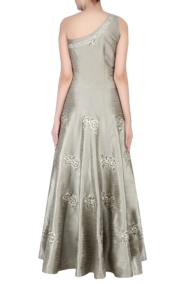 Olive grey rosette motifs embroidered one shoulder gown available only at Pernia's Pop Up Shop.