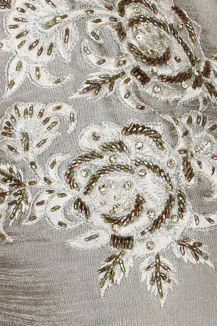 Olive grey rosette motifs embroidered one shoulder gown available only at Pernia's Pop Up Shop.