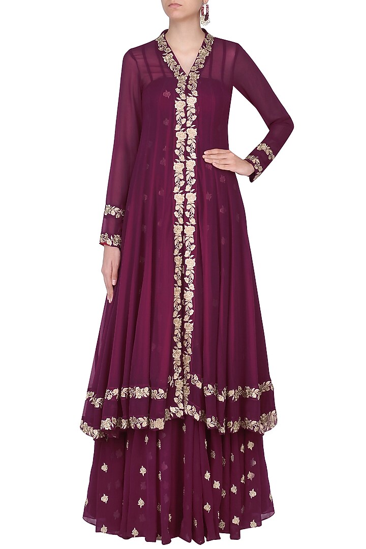 Wine thread embroidered off shoulder gown with floral embroidered jacket available only at Pernia's Pop Up Shop.