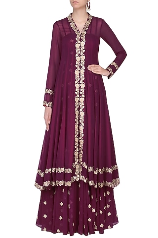 Wine Thread Embroidered Off Shoulder Gown With Floral Embroidered Jacket by Dimple Raghani