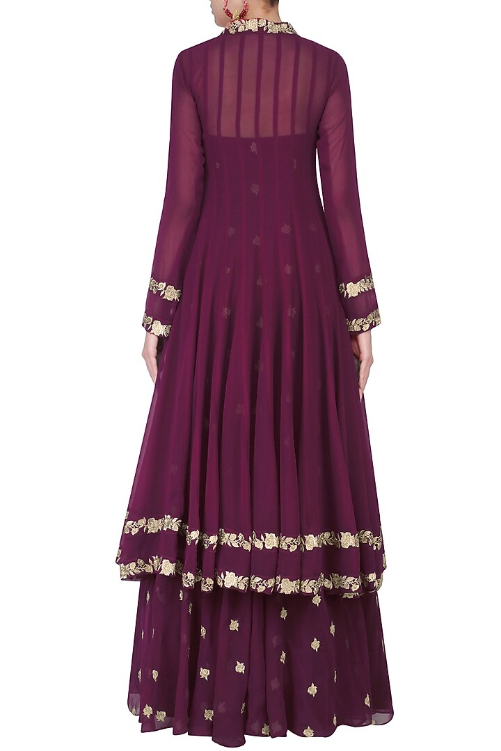 Wine thread embroidered off shoulder gown with floral embroidered jacket available only at Pernia's Pop Up Shop.