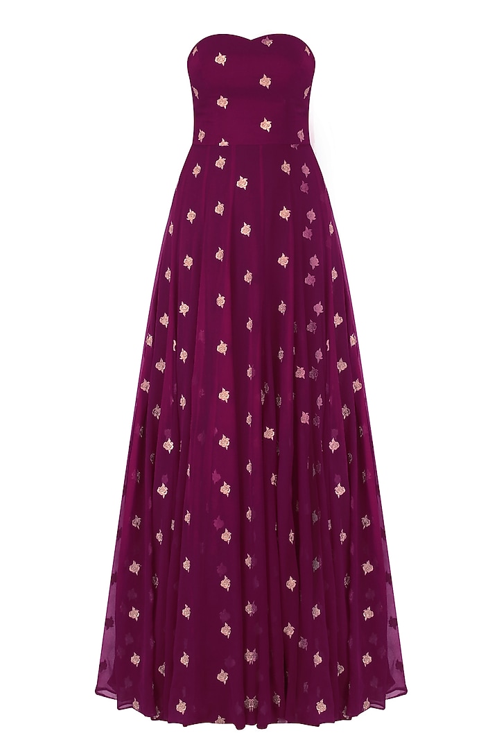 Wine thread embroidered off shoulder gown with floral embroidered jacket available only at Pernia's Pop Up Shop.