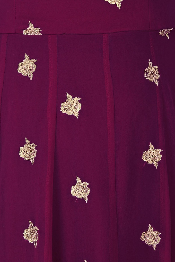Wine thread embroidered off shoulder gown with floral embroidered jacket available only at Pernia's Pop Up Shop.