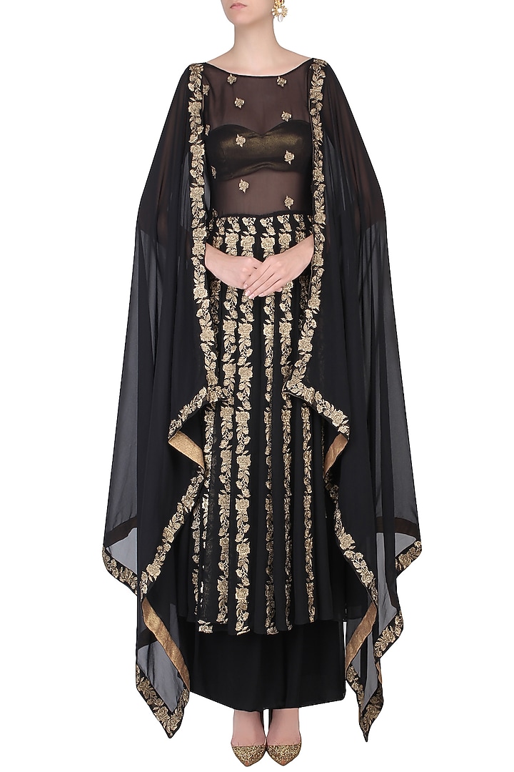 Black cape sleeves floral embroidered kalidaar kurta with skirt available only at Pernia's Pop Up Shop.
