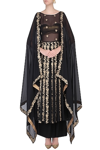 Black Cape Sleeves Floral Embroidered Kalidaar Kurta With Skirt by Dimple Raghani