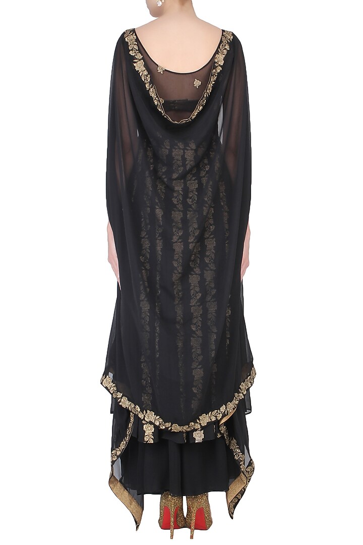 Black cape sleeves floral embroidered kalidaar kurta with skirt available only at Pernia's Pop Up Shop.