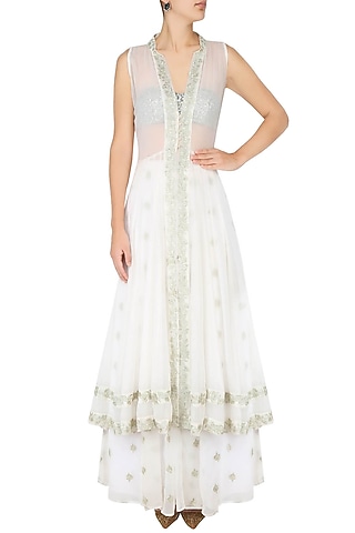 White Floral Embroidered Jacket With Bustier and Panelled Skirt by Dimple Raghani