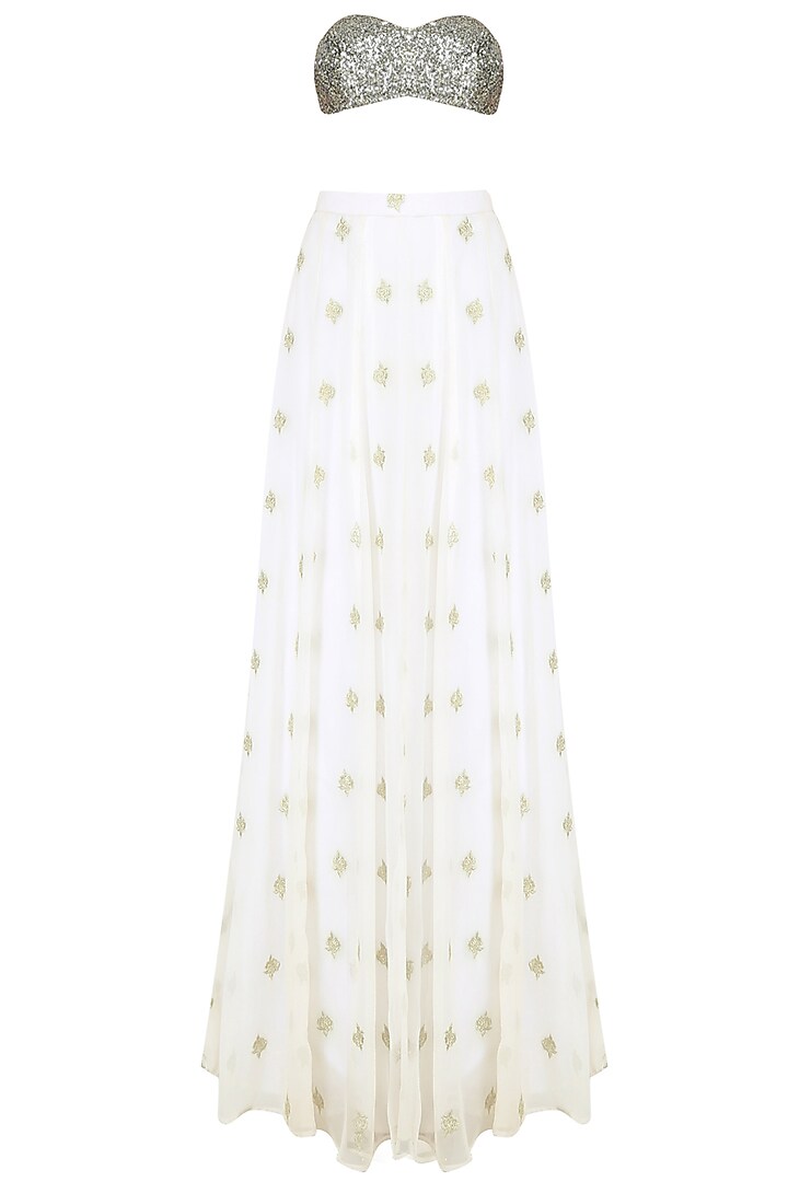 White floral embroidered jacket with bustier and panelled skirt available only at Pernia's Pop Up Shop.