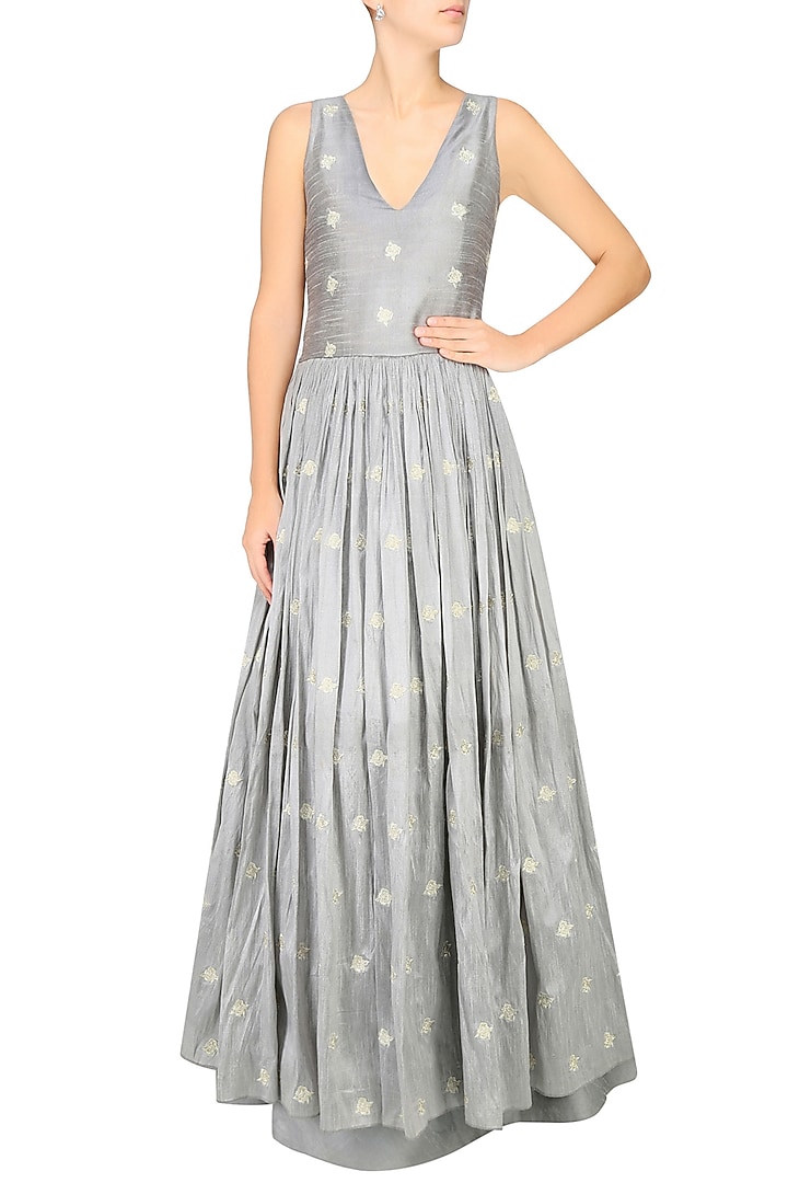 Grey rosette motifs embroidered voluminous gown available only at Pernia's Pop Up Shop.