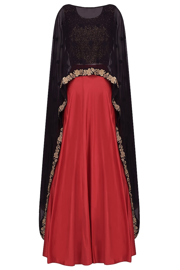 Black Floral Embroidered Cape With Crop Top and Red Skirt by Dimple Raghani