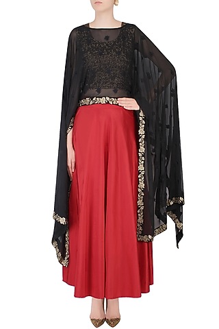 Black Floral Embroidered Cape With Crop Top and Red Skirt by Dimple Raghani