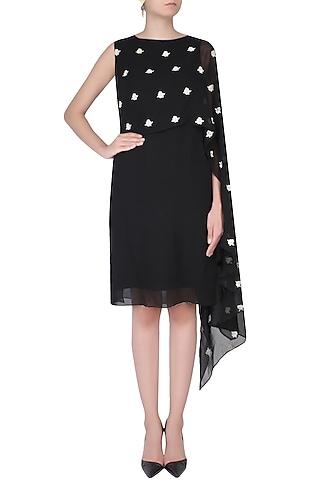 Black Floral Embroidered One Shoulder Cape Dress by Dimple Raghani