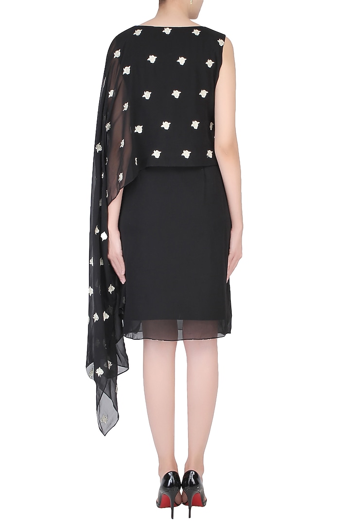Black floral embroidered one shoulder cape dress available only at Pernia's Pop Up Shop.
