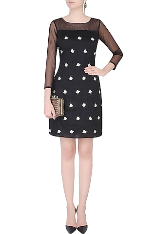 Black Floral Embroidered Full Sleeves Dress by Dimple Raghani