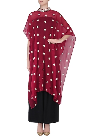 Red Floral Embroidered Cape With Black Palazzo Pants by Dimple Raghani