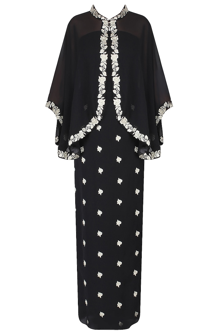 Black Floral Embroidered Jacket Style Cape With Embroidered Skirt by Dimple Raghani