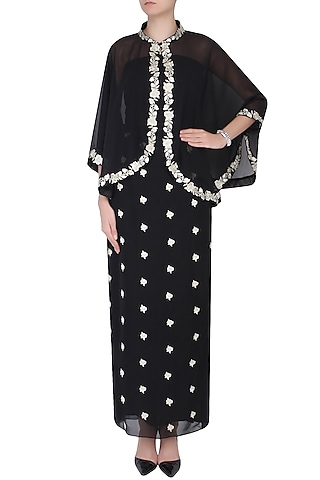 Black Floral Embroidered Jacket Style Cape With Embroidered Skirt by Dimple Raghani