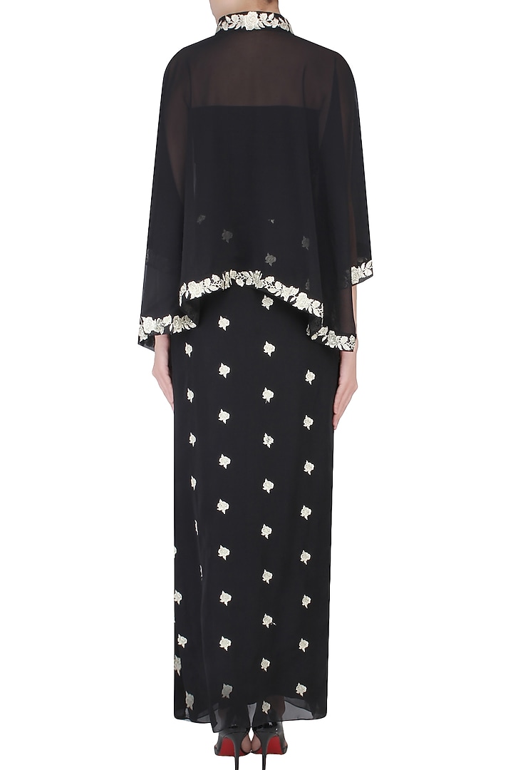 Black floral embroidered jacket style cape with embroidered skirt available only at Pernia's Pop Up Shop.