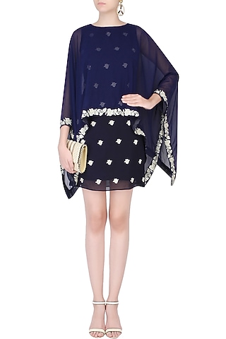 Blue Floral Embroidered Dress With Asymmetric Cape by Dimple Raghani