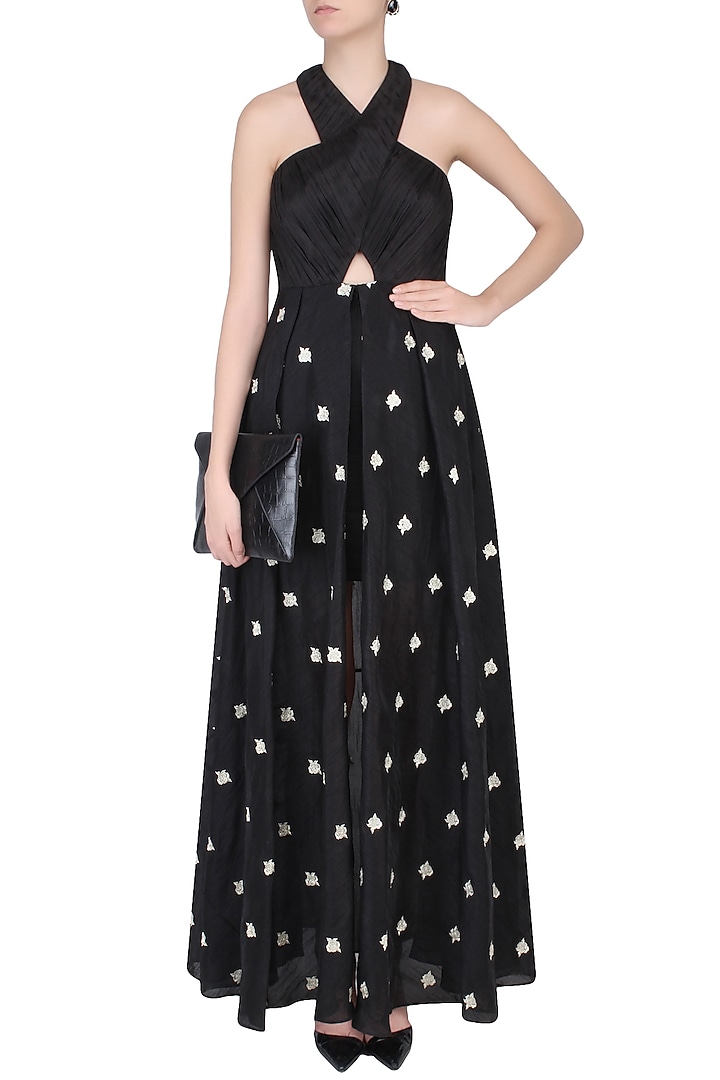 Black floral embroidered cross over gown available only at Pernia's Pop Up Shop.