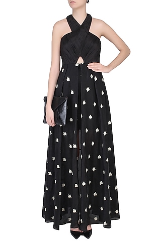 Black Floral Embroidered Cross Over Gown by Dimple Raghani