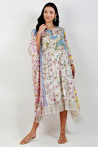 White Viscose Muslin Floral Printed & Embroidered Kaftan by Devyani Mehrotra