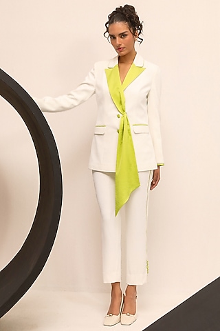 Ivory Luxury Heavy Crepe Double Breasted Blazer Set by Label Deepika Nagpal
