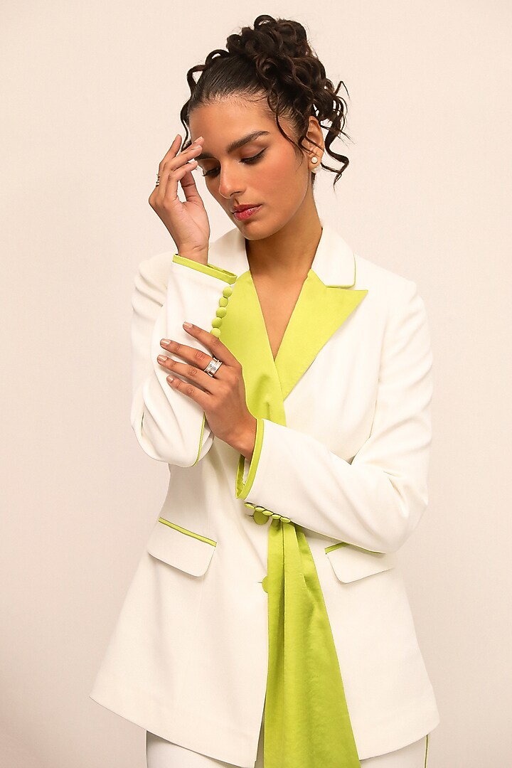 Ivory Luxury Heavy Crepe Double Breasted Blazer Set by Label Deepika Nagpal at Pernia's Pop Up Shop