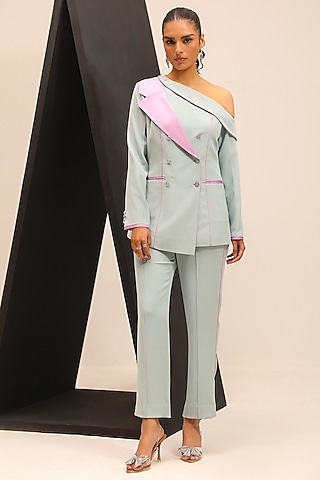 Blue & Lilac Summer Twill Asymmetrical Blazer Set by Label Deepika Nagpal