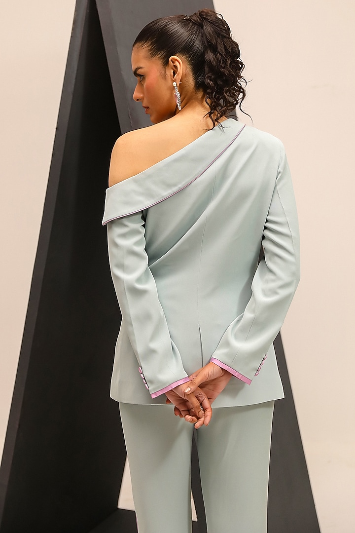 Blue & Lilac Summer Twill Asymmetrical Blazer Set by Label Deepika Nagpal at Pernia's Pop Up Shop