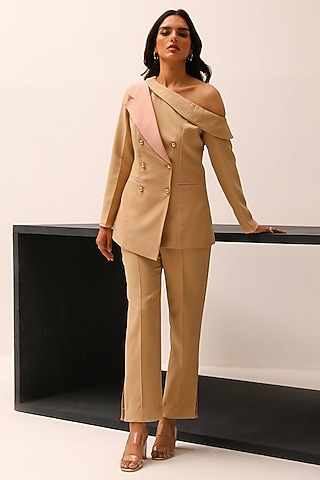 Beige Crepe Asymmetric Blazer Set by Label Deepika Nagpal